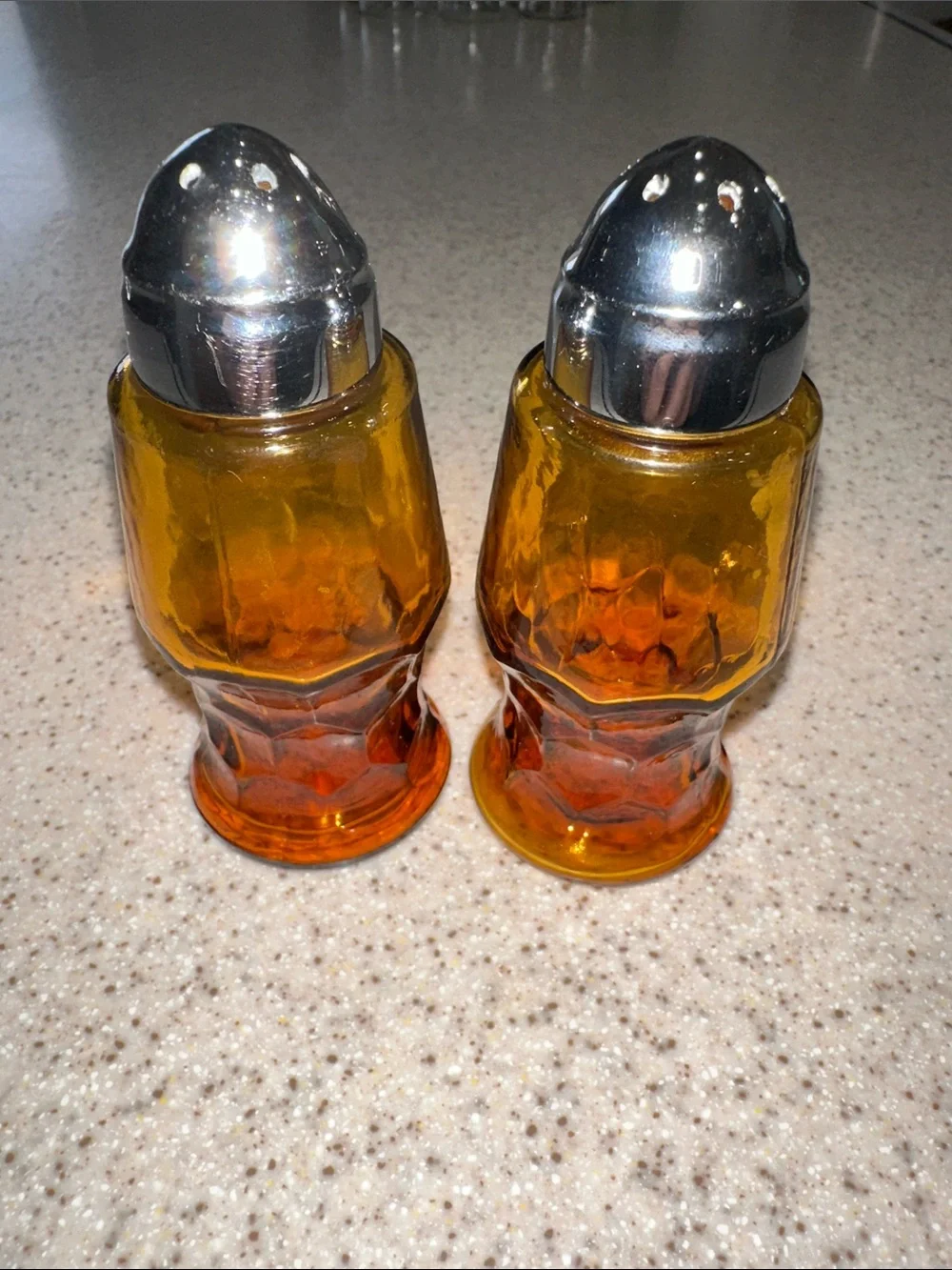 Vintage 1970’s Amber Glass Salt and Pepper Shakers Set with Heavy Chrome Tops